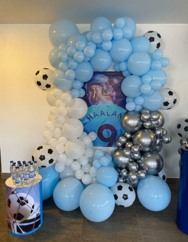 Blue Soccer-Themed Balloon Decorations